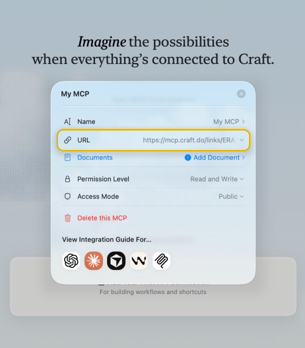 MCP URL displayed at the top