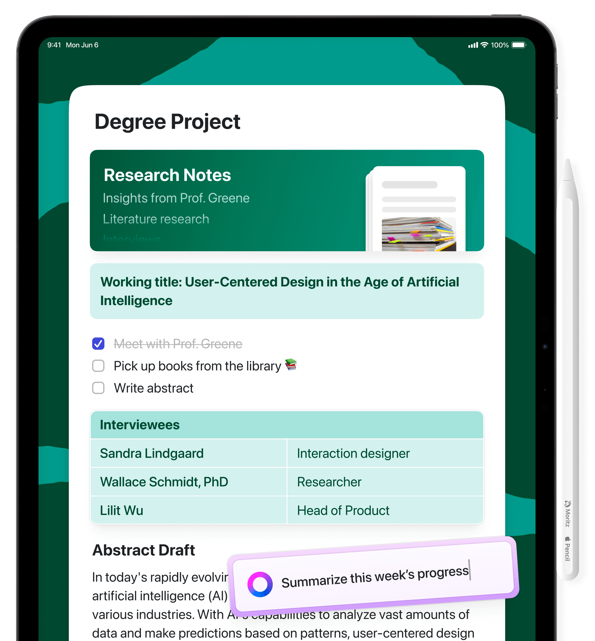 Craft on iPad, showing a document called 'Degree Project'